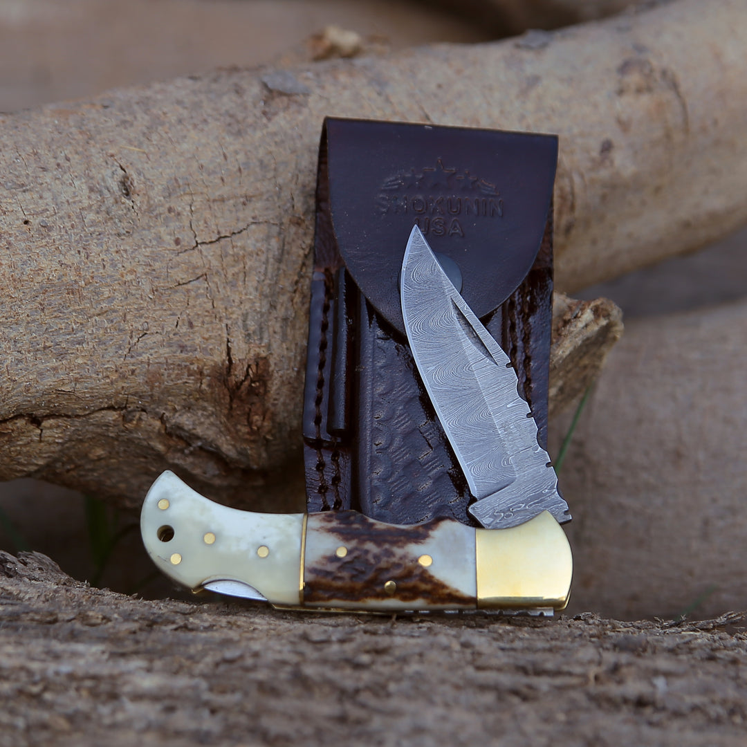 Pocket Knife - Antler Edge Damascus Pocket Knife with Staghorn & Bone Handle - Shokunin USA