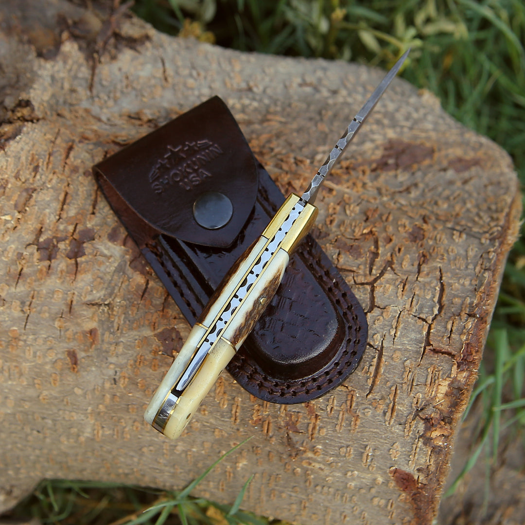 Pocket Knife - Antler Edge Damascus Pocket Knife with Staghorn & Bone Handle - Shokunin USA