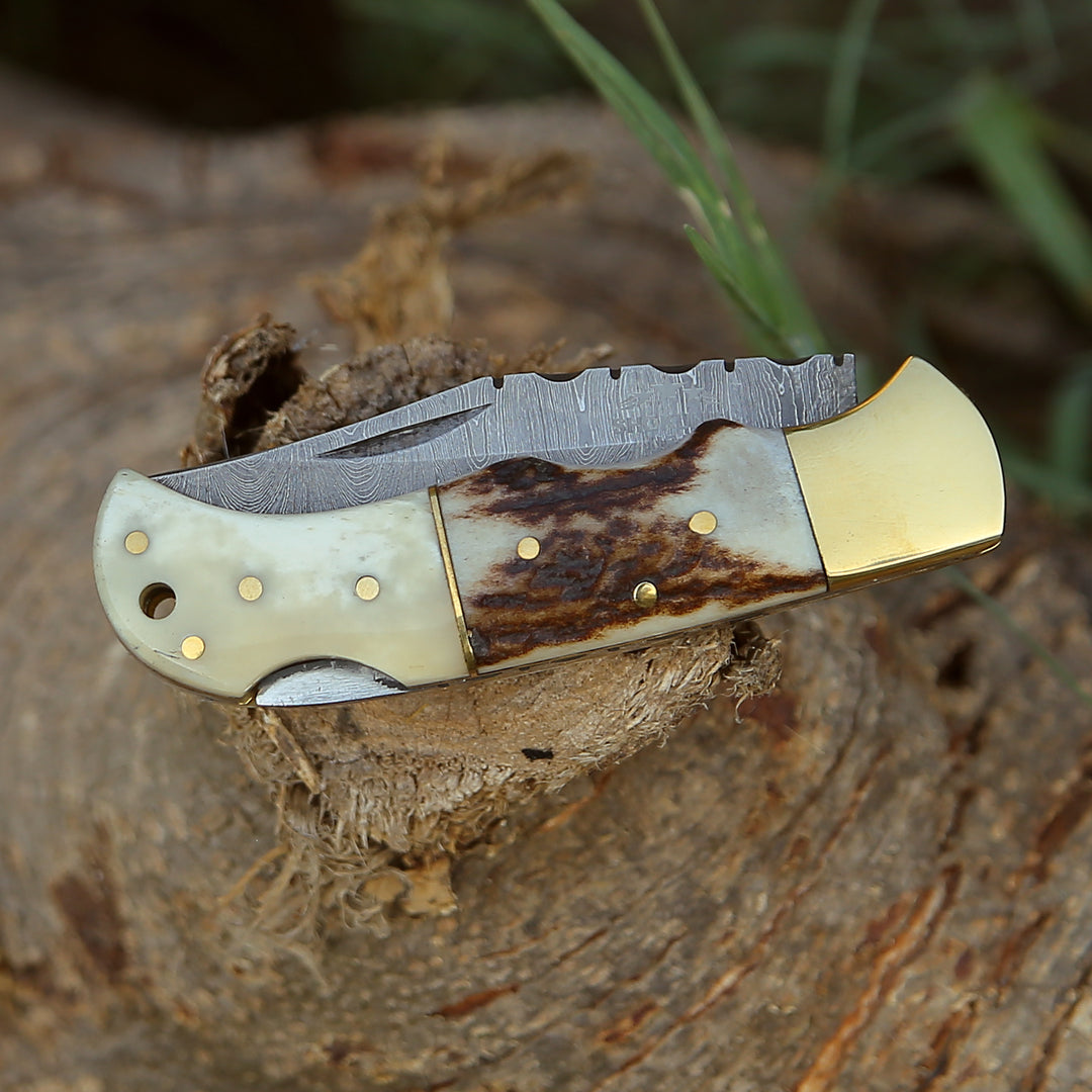 Pocket Knife - Antler Edge Damascus Pocket Knife with Staghorn & Bone Handle - Shokunin USA