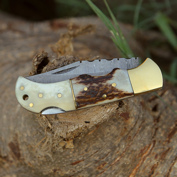 Pocket Knife - Antler Edge Damascus Pocket Knife with Staghorn & Bone Handle - Shokunin USA