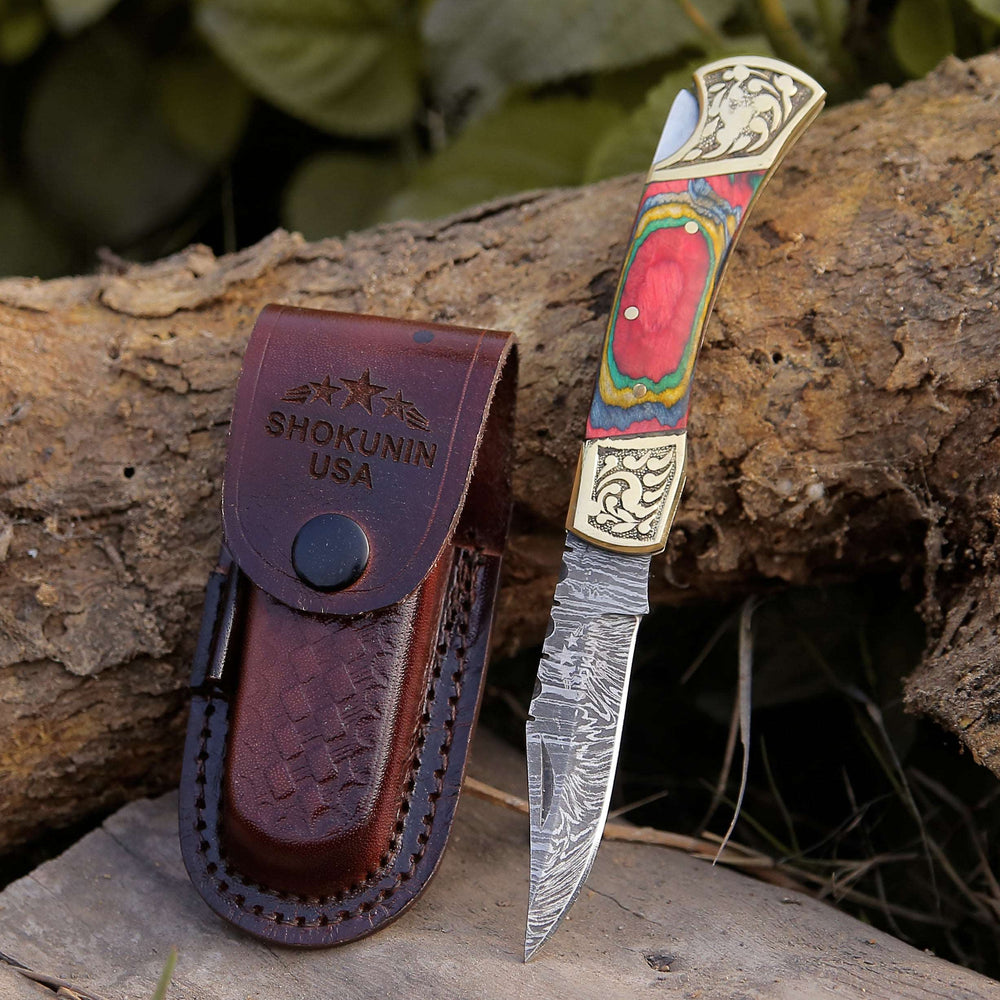 Pocket Knife - Expedition Damascus Folding Pocket Knife with Pakka Wood Handle - Shokunin USA