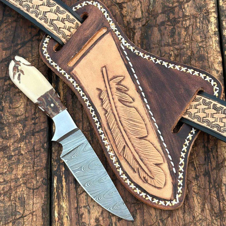 Fixed blade knife. - Prairie Damascus Skinner Knife with Hand tooled Sheath &amp; Belt - Shokunin USA