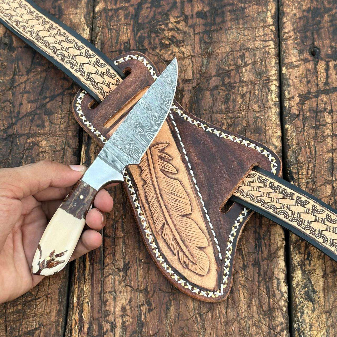 Fixed blade knife. - Prairie Damascus Skinner Knife with Hand tooled Sheath & Belt - Shokunin USA