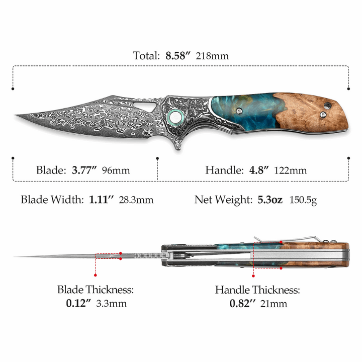 Pocket Knife - Ares VG10 Damascus Pocket Knife with Olive Burl Wood & Resin Handle - Shokunin USA