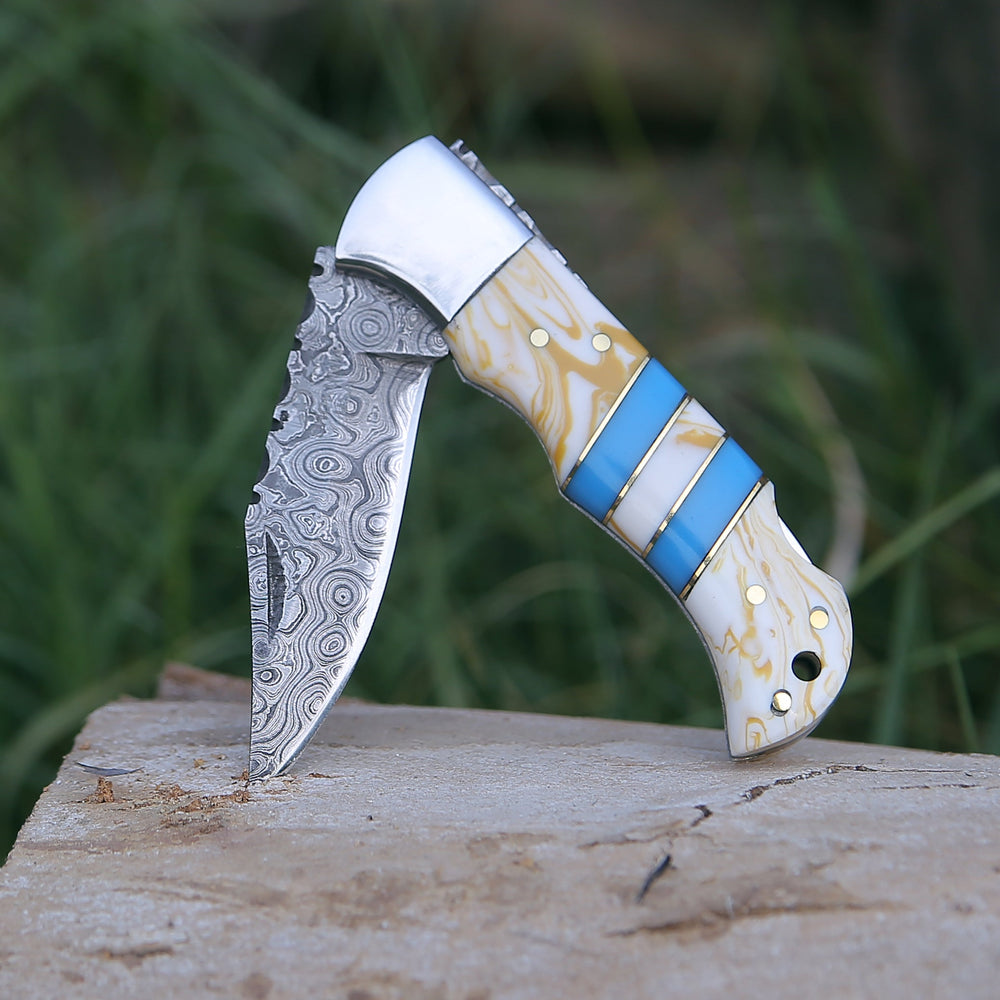 Pocket Knife - Orion Damascus Pocket Knife with Resin Handle - Shokunin USA