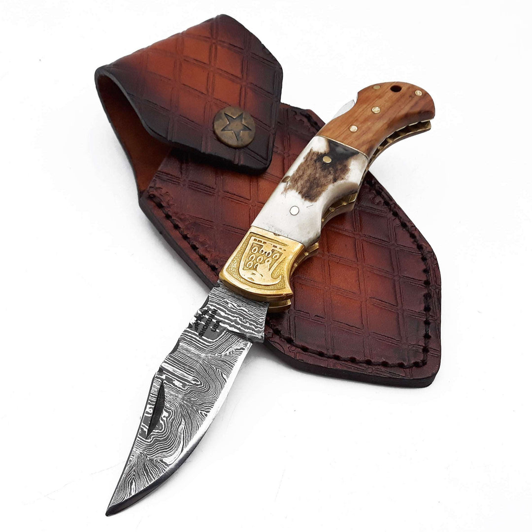 Echo Damascus Pocket Knife with Stag Horn/Antler & Olivewood Handle