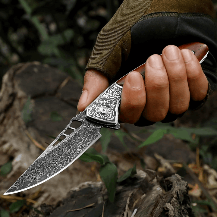 Pocket knife - Artemis Japanese VG10 Damascus Pocket Knife with Clip &amp; Exotic Red Sandal Wood Handle - Shokunin USA