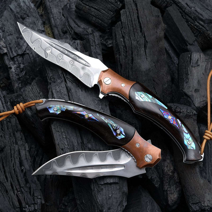 Gentleman's folder with case - Quest Damascus Pocket Knife with Ebony Wood, Timascus & Abalone Shell Handle - Shokunin USA