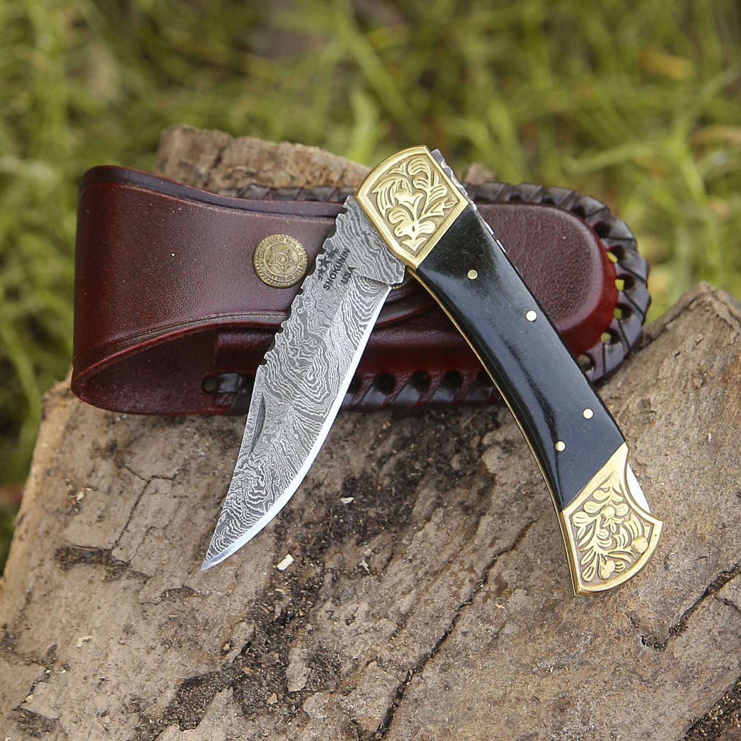 folding knife pocket - Ironstorm Handmade Damascus Pocket Knife Engraved with Leather Sheath &amp; Bull Horn Handle - Shokunin USA