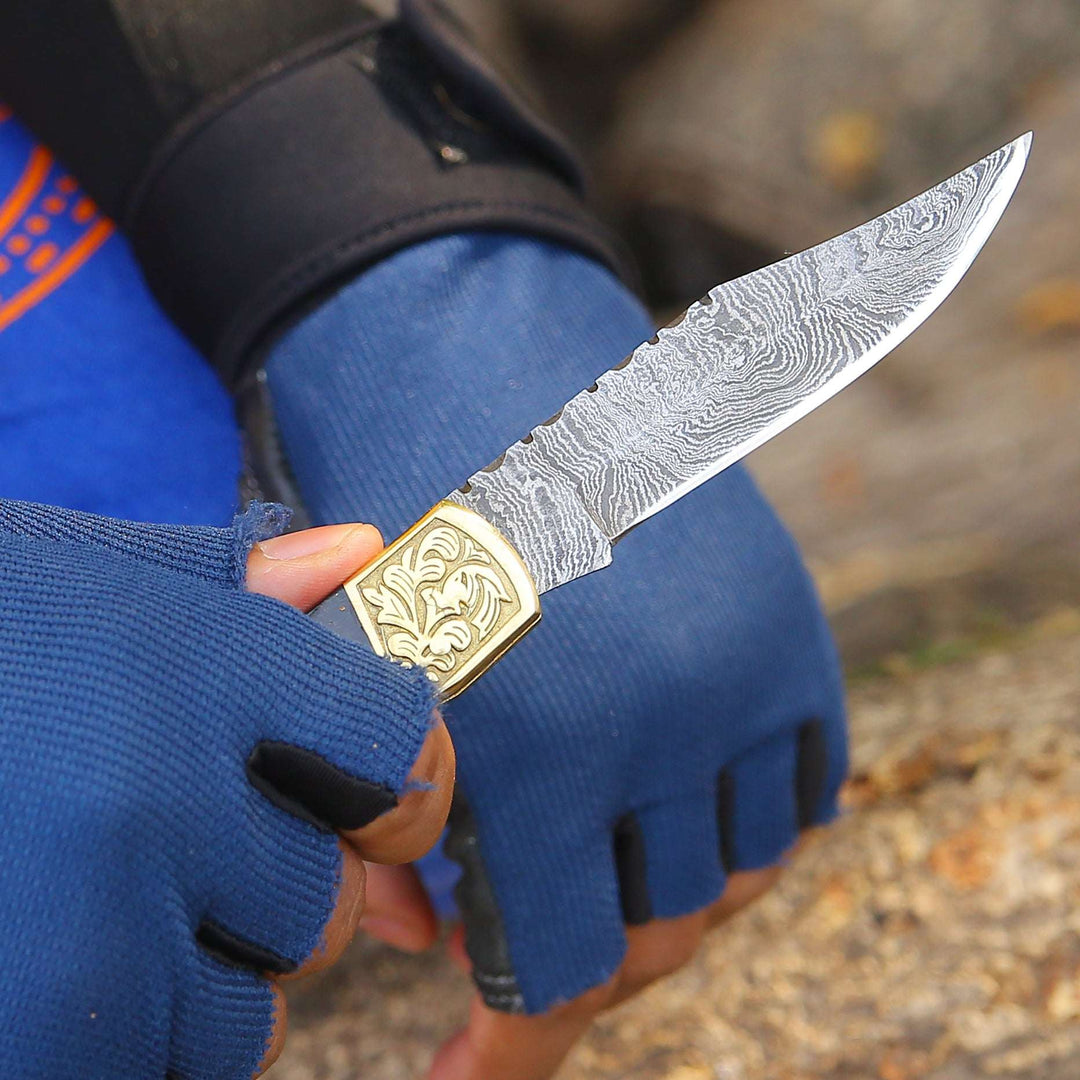 horn handle knife - Ironstorm Handmade Damascus Pocket Knife Engraved with Leather Sheath &amp; Bull Horn Handle - Shokunin USA