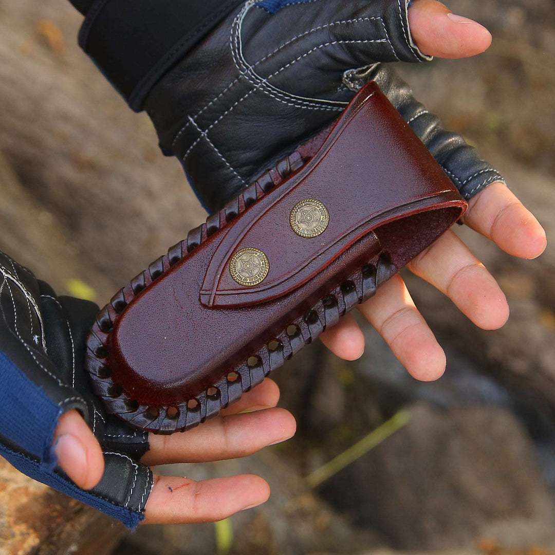 edc pocket knife - Ironstorm Handmade Damascus Pocket Knife Engraved with Leather Sheath &amp; Bull Horn Handle - Shokunin USA