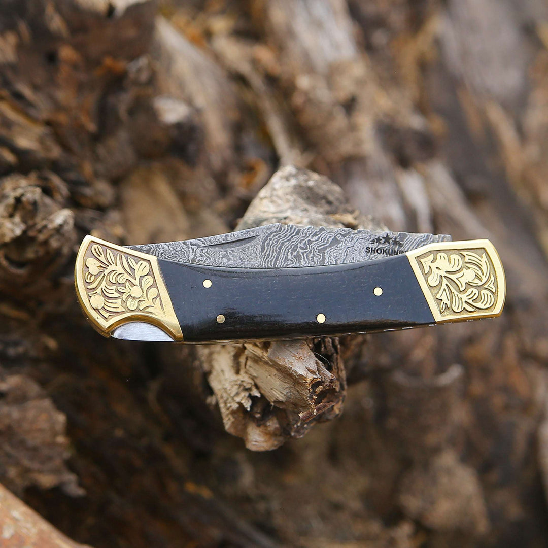 knife pocket - Ironstorm Handmade Damascus Pocket Knife Engraved with Leather Sheath &amp; Bull Horn Handle - Shokunin USA