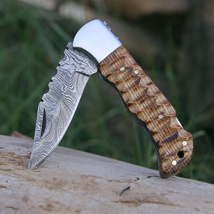 Thunderbolt Pocket Knife with Forged Charred Ash Wood Handle