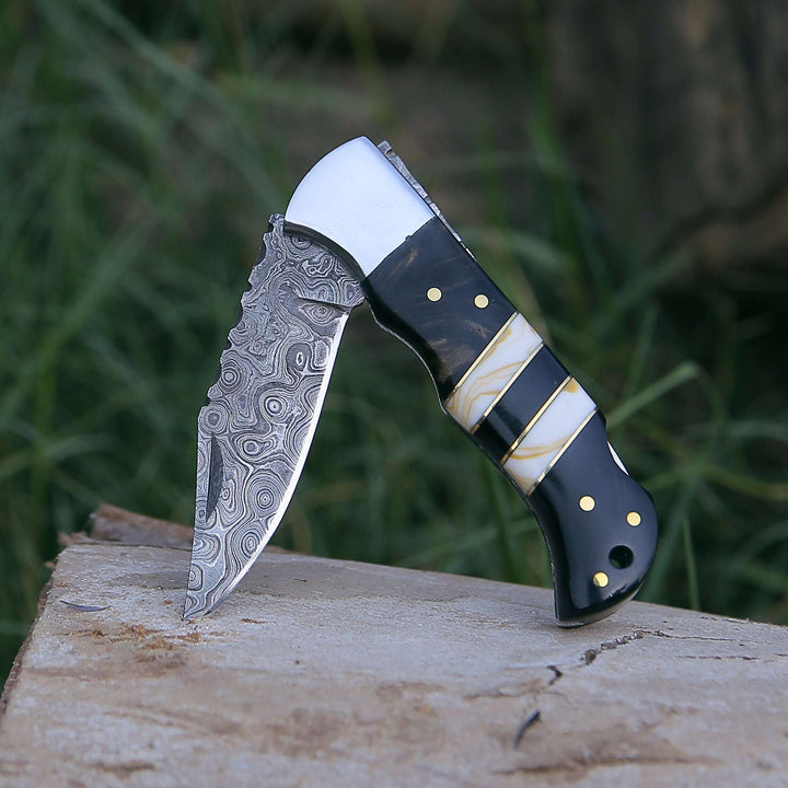EDC pocket knives for home use - Blaze Handmade Damascus folding knife with Sheath - Shokunin USA