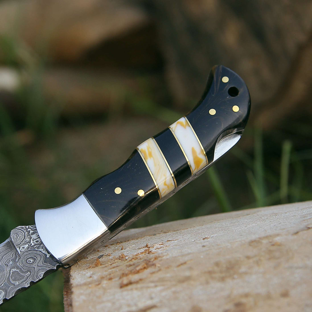 EDC pocket knives for personal collections - Blaze Handmade Damascus folding knife with Sheath - Shokunin USA