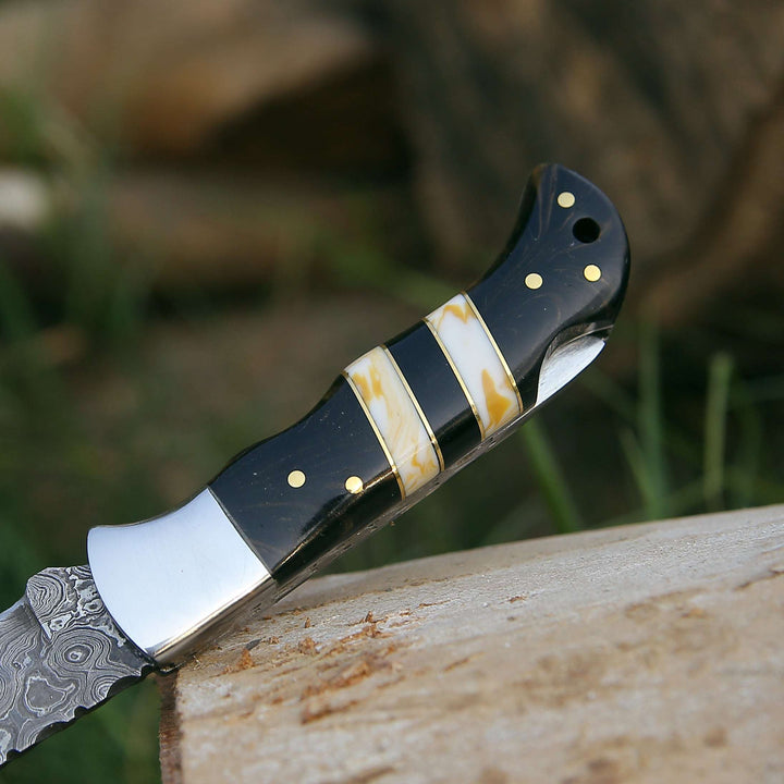 EDC pocket knives for personal collections - Blaze Handmade Damascus folding knife with Sheath - Shokunin USA