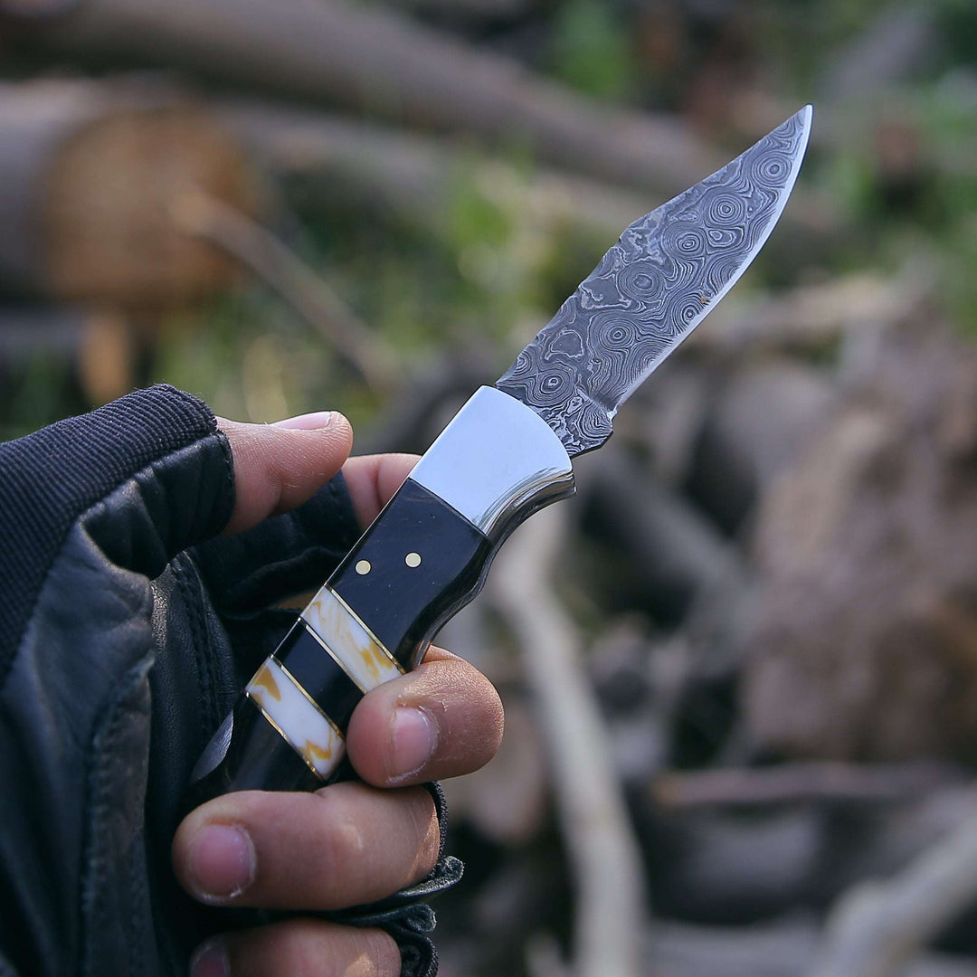 gentleman pocket knives for men - Blaze Handmade Damascus folding knife with Sheath - Shokunin USA