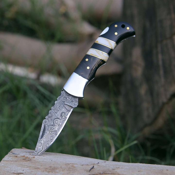 gentleman pocket knives for home use - Blaze Handmade Damascus folding knife with Sheath - Shokunin USA
