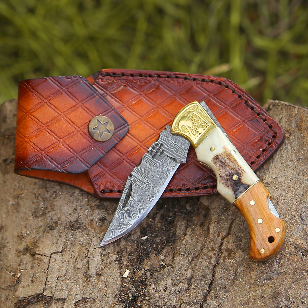 Echo Damascus Pocket Knife with Stag Horn/Antler & Olivewood Handle