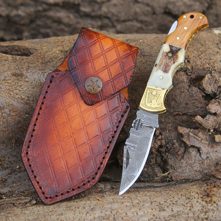 Echo Damascus Pocket Knife with Stag Horn/Antler & Olivewood Handle