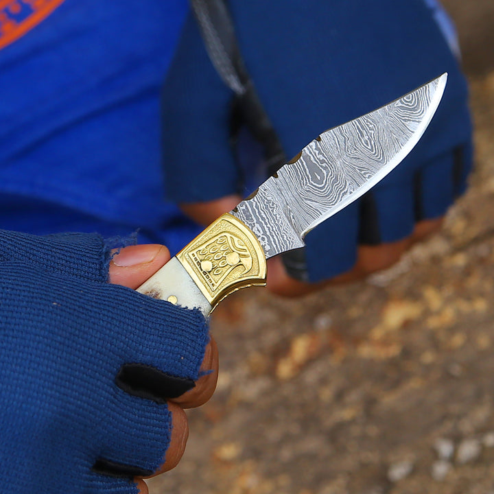 Echo Damascus Pocket Knife with Stag Horn/Antler & Olivewood Handle