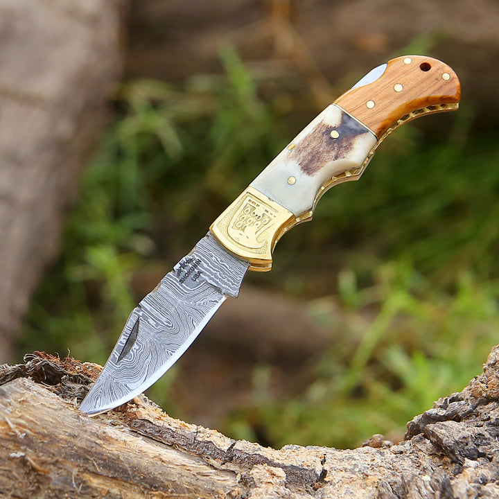 Echo Damascus Pocket Knife with Stag Horn/Antler & Olivewood Handle