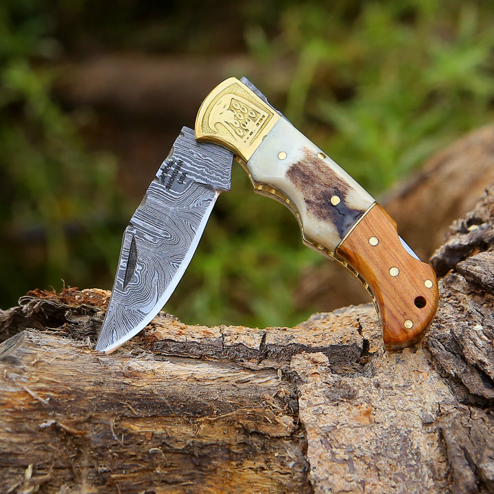 Echo Damascus Pocket Knife with Stag Horn/Antler & Olivewood Handle