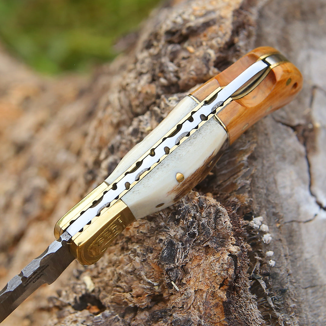 Echo Damascus Pocket Knife with Stag Horn/Antler & Olivewood Handle