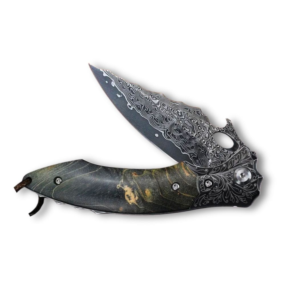 Damascus Knife - Blackbird Japanese EDC Pocket Knife with Stained Maple Burl Wood Handle - Shokunin USA