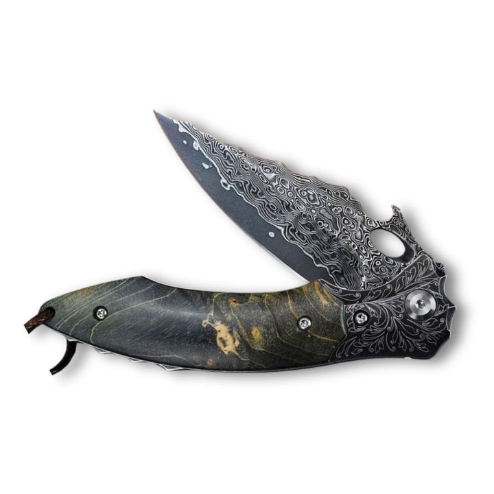 Damascus Knife - Blackbird Japanese EDC Pocket Knife with Stained Maple Burl Wood Handle - Shokunin USA