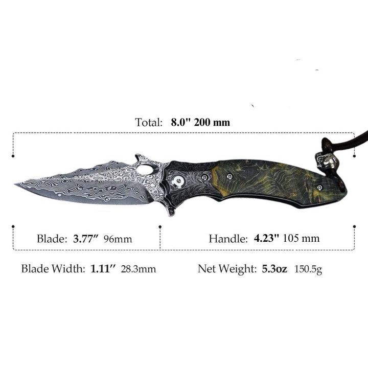 Damascus Knife - Blackbird Japanese EDC Pocket Knife with Stained Maple Burl Wood Handle - Shokunin USA