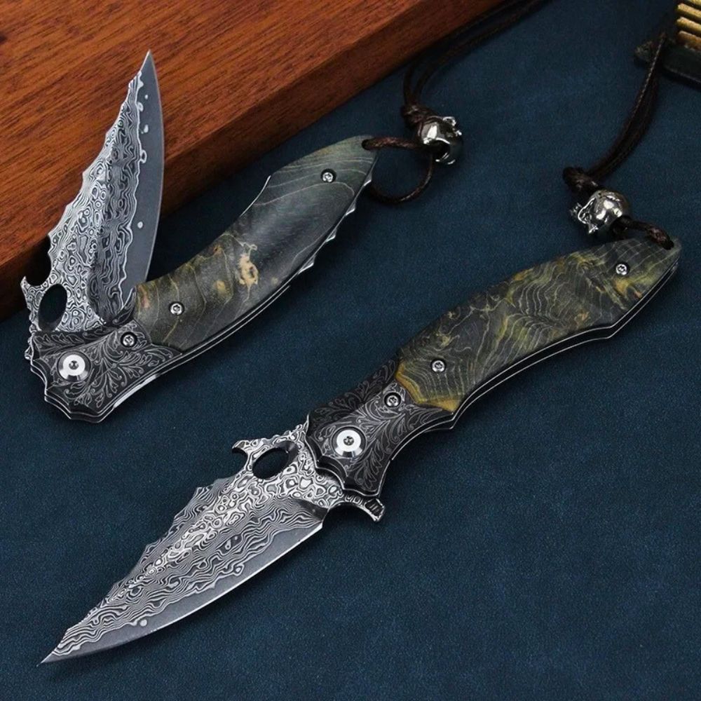 Damascus Knife - Blackbird Japanese EDC Pocket Knife with Stained Maple Burl Wood Handle - Shokunin USA