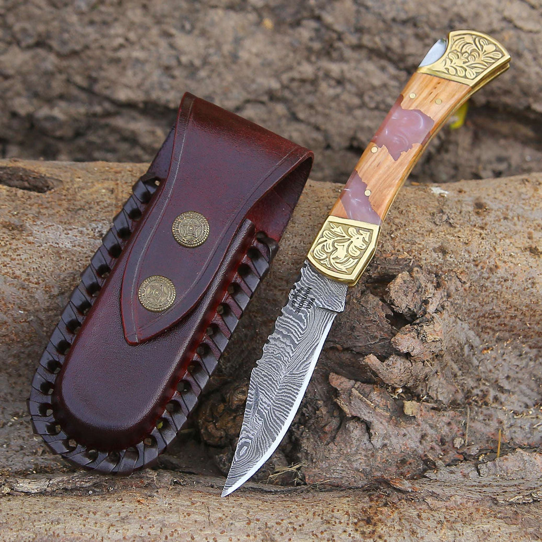 Pocket Knife Gift - Boltedge Handmade Damascus Pocket Knife with Leather Sheath & Exotic Olive Wood - Shokunin USA
