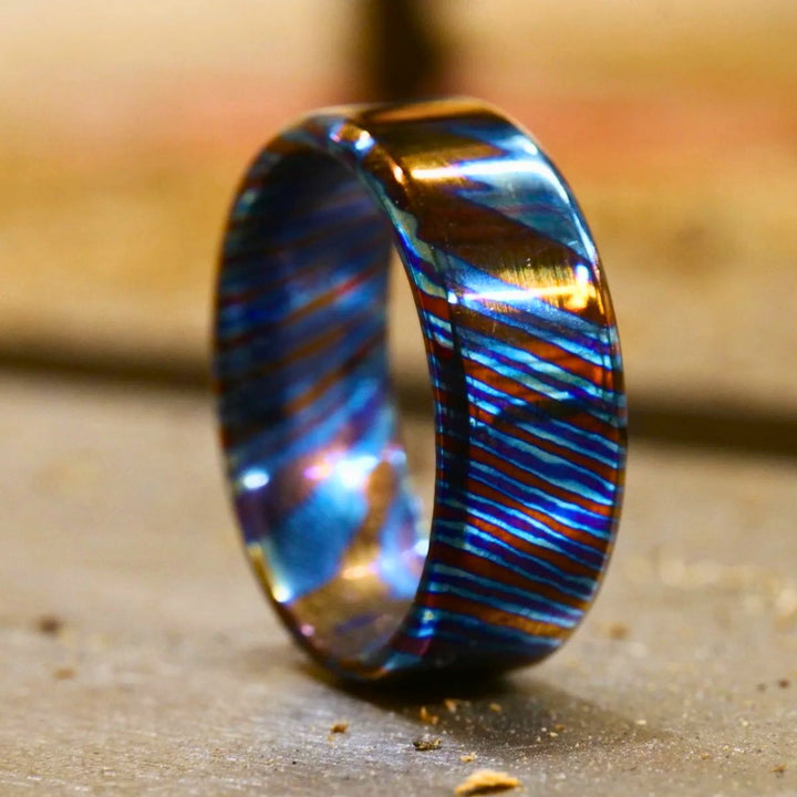 Timascus ring - Titan Handcrafted Timascus / Titanium Damascus Ring – Unique Metal Pattern &amp; Bold Design - Shokunin USA