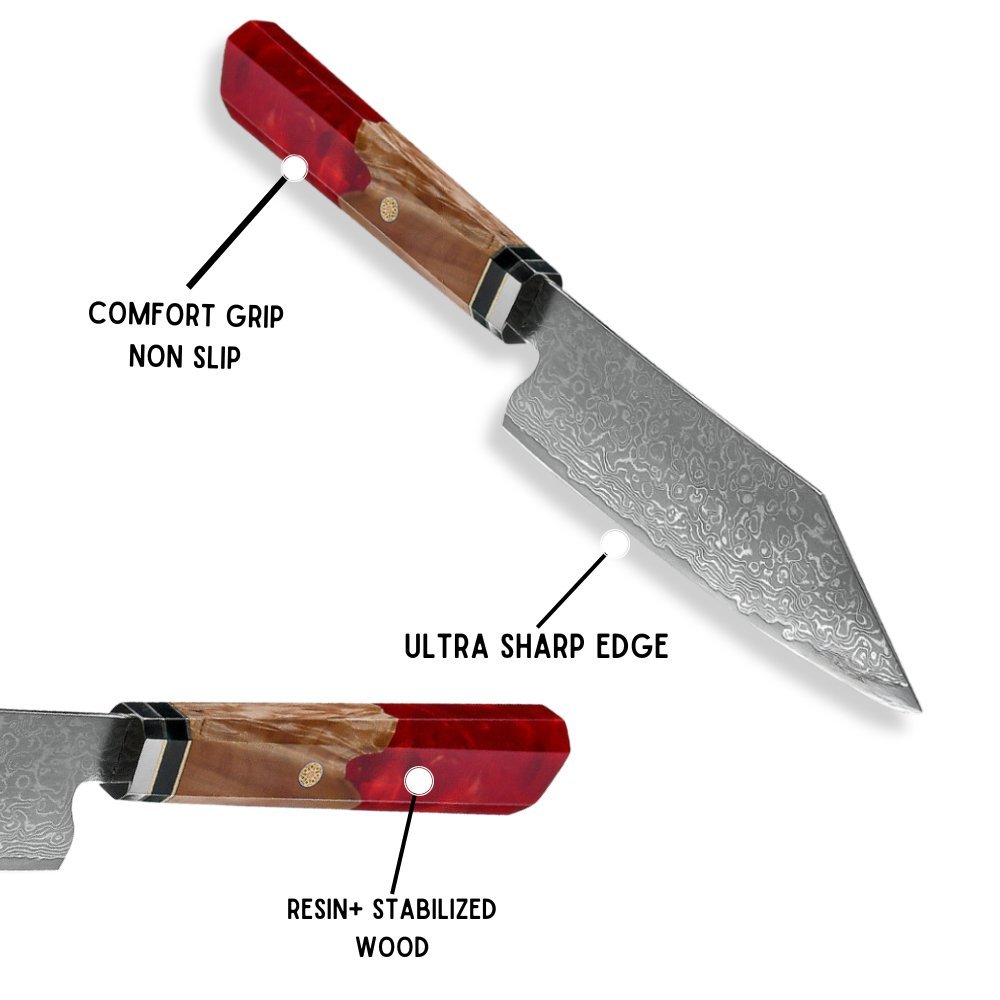 Alpha VG10 Damascus - Alpha Japanese VG10 Damascus Chef Knife with Exotic Olive Wood &amp; Resin Handle - Shokunin USA