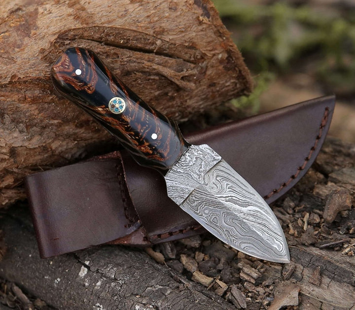 Ambush Damascus Blade - Ambush Damascus Fixed Blade Pocket Knife 6" with Pine Cone Handle &amp; Leather Sheath - Shokunin USA