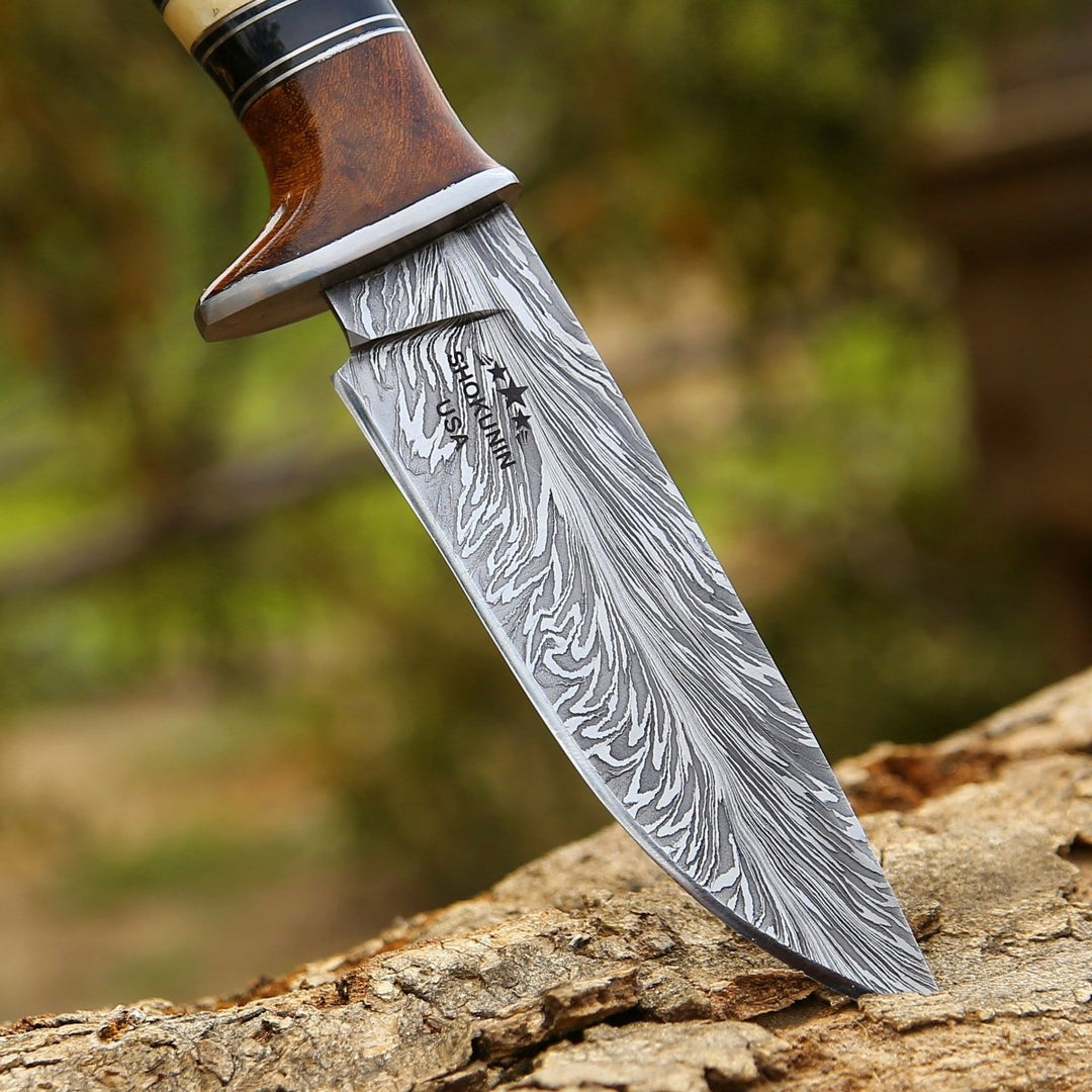 Annihilator Damascus Handle - Annihilator Custom Feather Damascus Hunting Knife with Exotic Rose Wood Handle - Shokunin USA