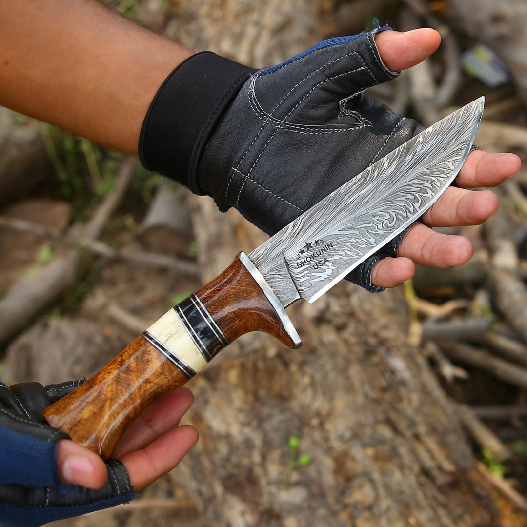 Annihilator Feather Handle - Annihilator Custom Feather Damascus Hunting Knife with Exotic Rose Wood Handle - Shokunin USA