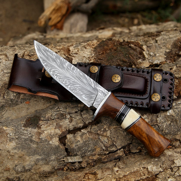 Annihilator Damascus Knife - Annihilator Custom Feather Damascus Hunting Knife with Exotic Rose Wood - Shokunin USA
