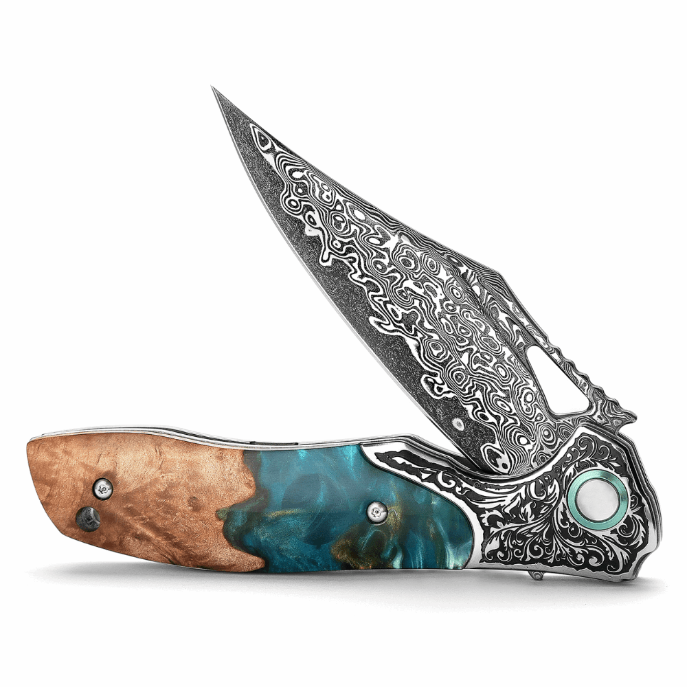 Ares Japanese knives - Ares Japanese Handmade Pocket Knife with Olive Burl Wood &amp; Resin Handle - Shokunin USA