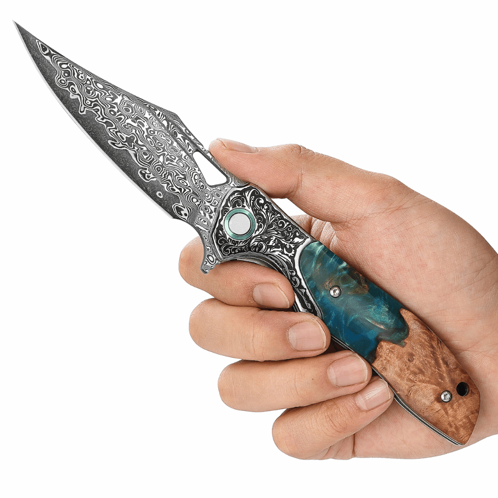 Ares Pocket Handle - Ares Japanese Handmade Pocket Knife with Olive Burl Wood &amp; Resin Handle - Shokunin USA