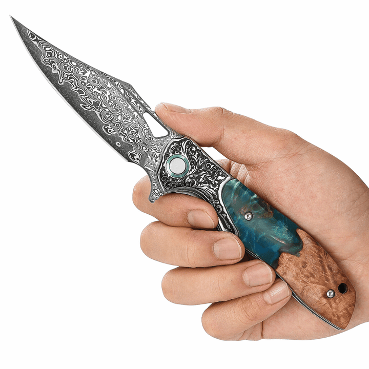 Ares Pocket Handle - Ares Japanese Handmade Pocket Knife with Olive Burl Wood &amp; Resin Handle - Shokunin USA