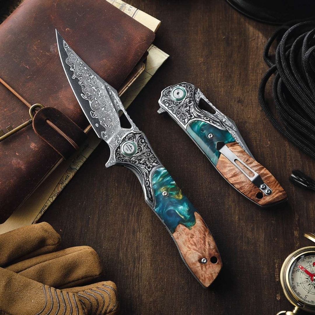 Pocket Knife - Ares Japanese Handmade Pocket Knife with Olive Burl Wood & Resin Handle - Shokunin USA