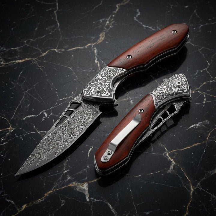 artemis knife - Artemis Japanese VG10 Damascus Pocket Knife with Clip &amp; Exotic Red Sandal Wood Handle - Shokunin USA