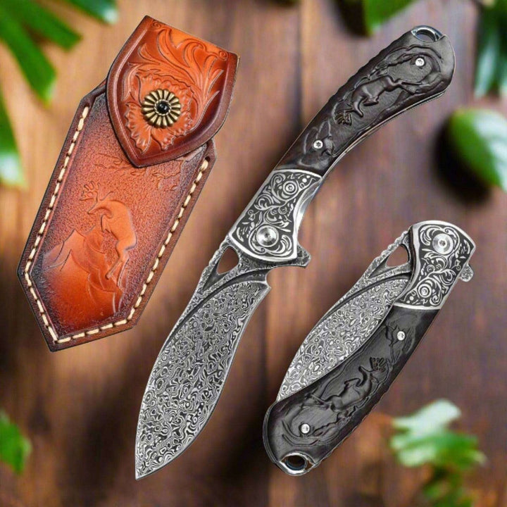 athena knives - Athena VG10 Handmade Damascus Pocket Knife with Clip &amp; Exotic Ebony Wood Handle - Shokunin USA