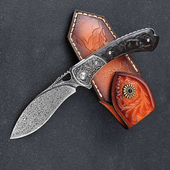 premium pocket knife - Athena VG10 Handmade Damascus Pocket Knife with Clip &amp; Exotic Ebony Wood Handle - Shokunin USA