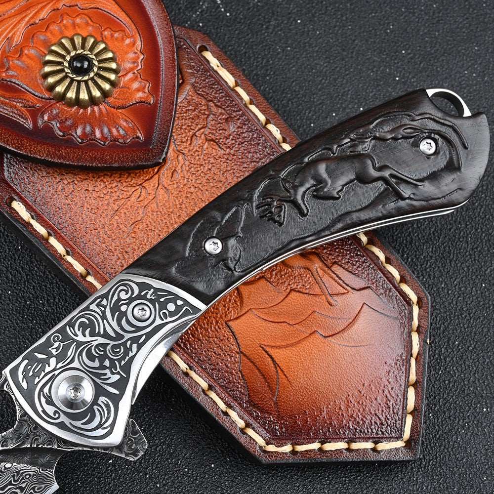premium folding knife - Athena VG10 Handmade Damascus Pocket Knife with Clip &amp; Exotic Ebony Wood Handle - Shokunin USA