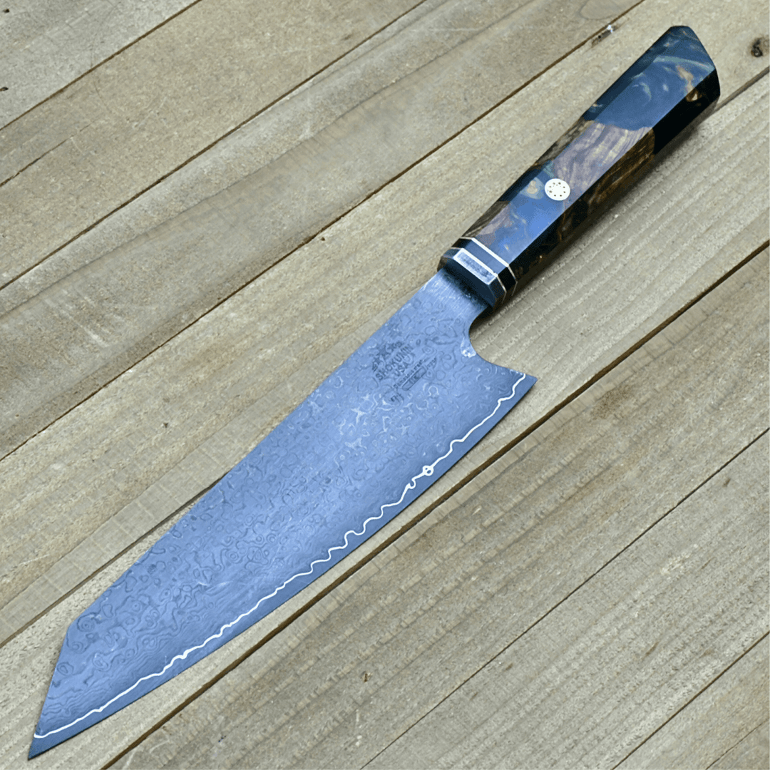 Aurora Japanese Damascus - Aurora Japanese Chef Knife with Exotic Olive Burl &amp; Emerald Green Pearl Resin Handle - Shokunin USA