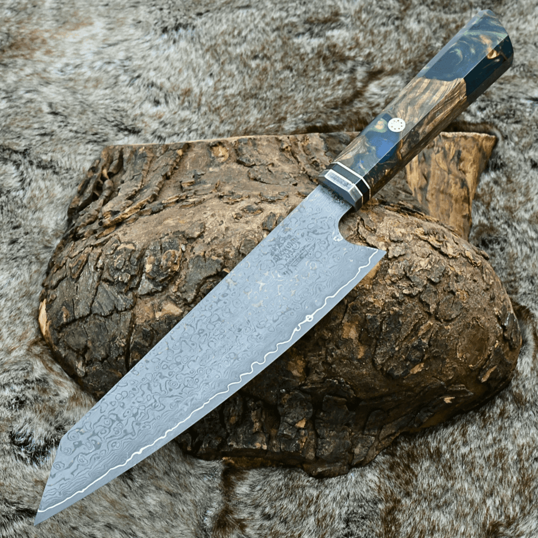 Aurora Japanese Chef Knife with Exotic Olive Burl & Emerald Green Pearl Resin Handle - Shokunin USA