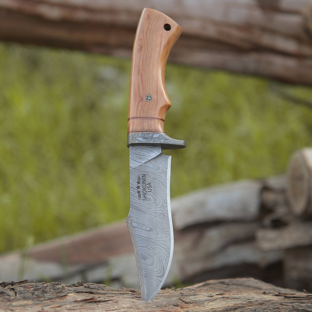 Avatar Damascus Bowie - Avatar Damascus Hunting Knife with Exotic Olive Wood Handle - Shokunin USA